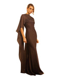 Vestido Largo Asimétrico con Capa de Gasa – Color Café – Invitée No. 28