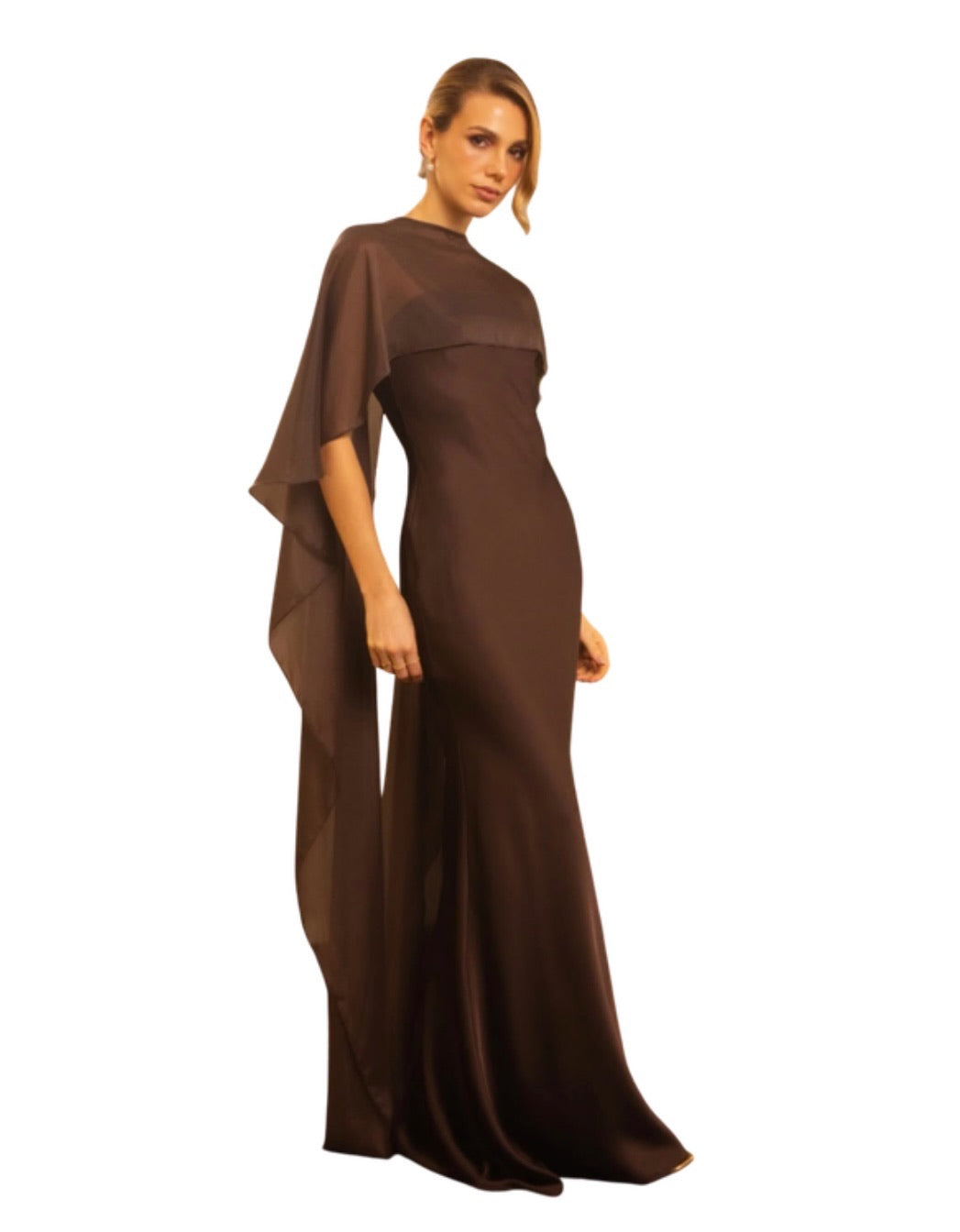 Vestido Largo Asimétrico con Capa de Gasa – Color Café – Invitée No. 28