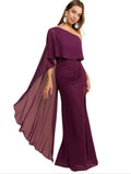 RENTA - Vestido Largo Asimétrico con Capa de Gasa – Color Ciruela – Invitée No. 26