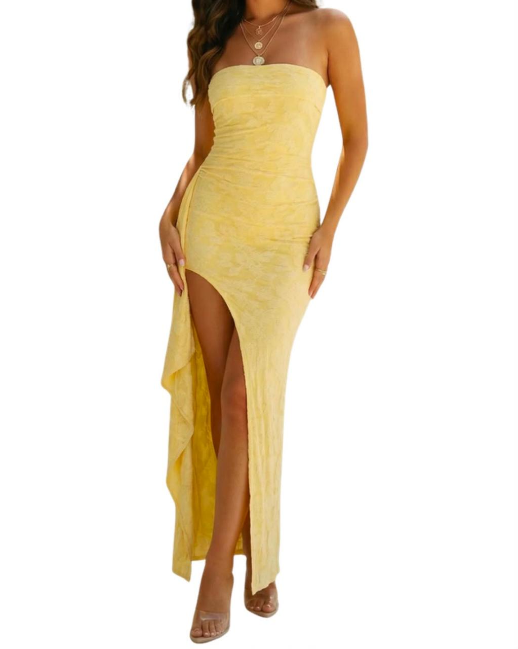 Vestido Largo Amarillo Strapless con Abertura Asimétrica – Invitée No. 30